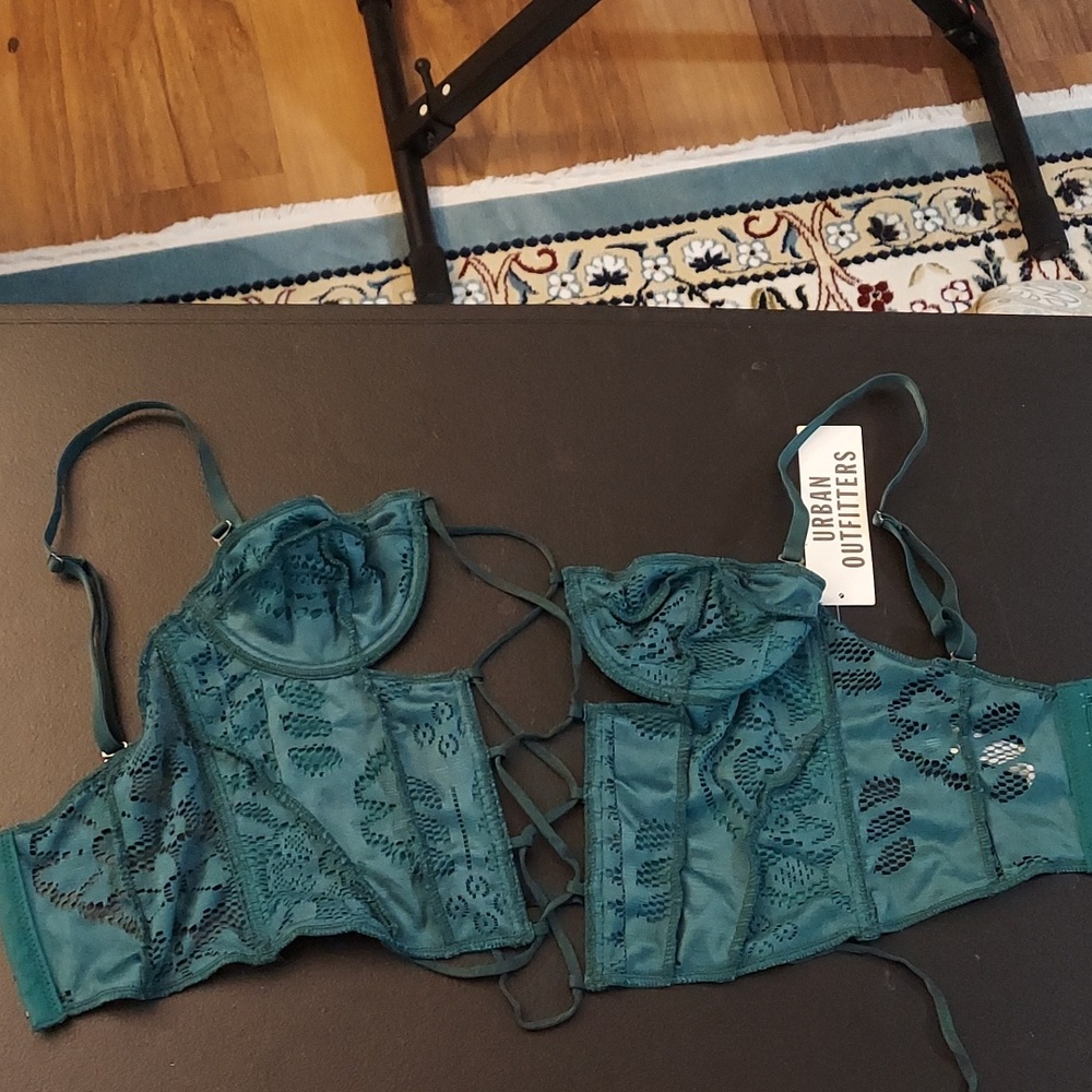 Urban Outfitters Teal corset M floral mesh lace crop top lace up front